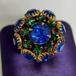 Vintage Judy Lee Blue Green Rhinestone Prong Set Gold Fashion Ring Adjustable